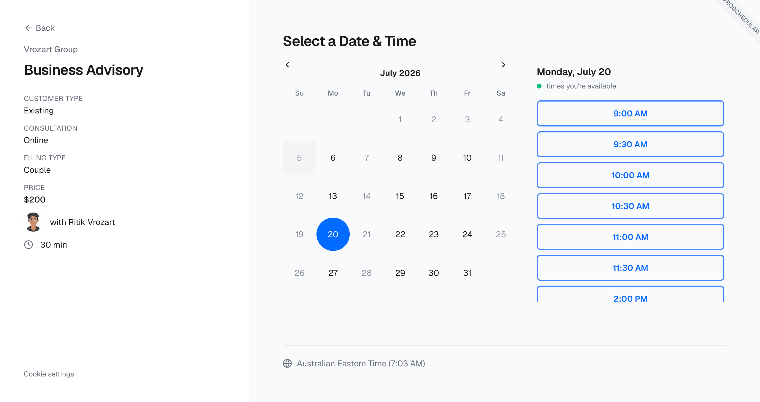 VROSCHEDULAR booking page with calendar and time slots
